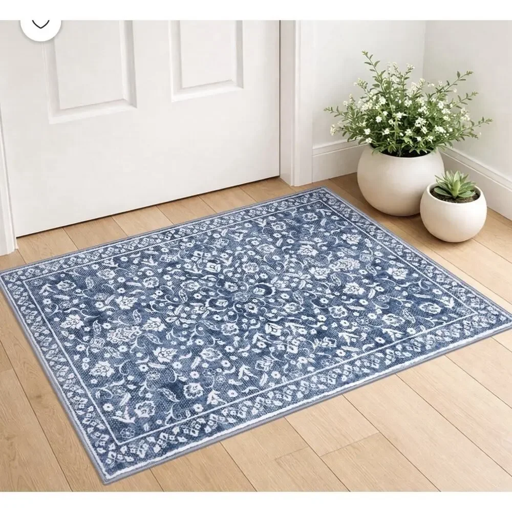Blue White Floral Rectangle Area Rug 2x3 ft Washable, Blue/White Pattern